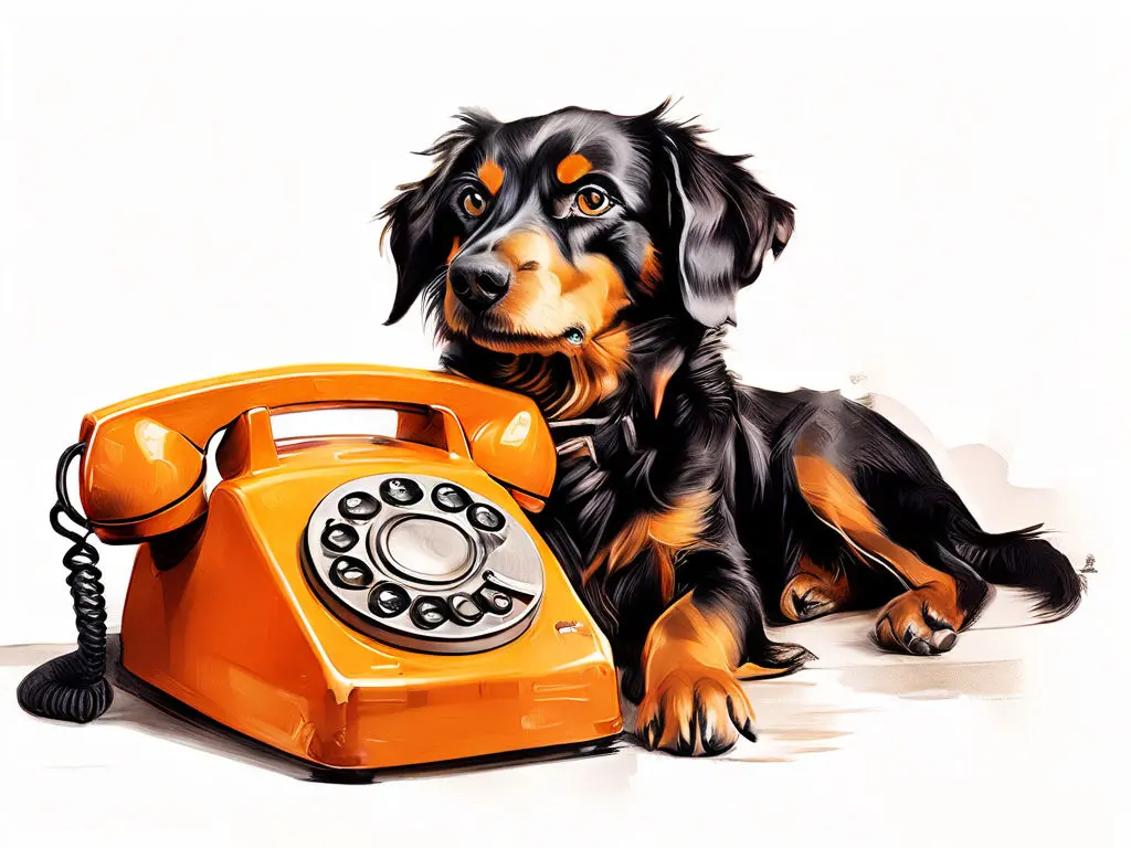 Ein braun-schwarzer Hund bewacht aufmerksam ein orangefarbenes Vintage-Telefon mit Wählscheibe und Hörer. 